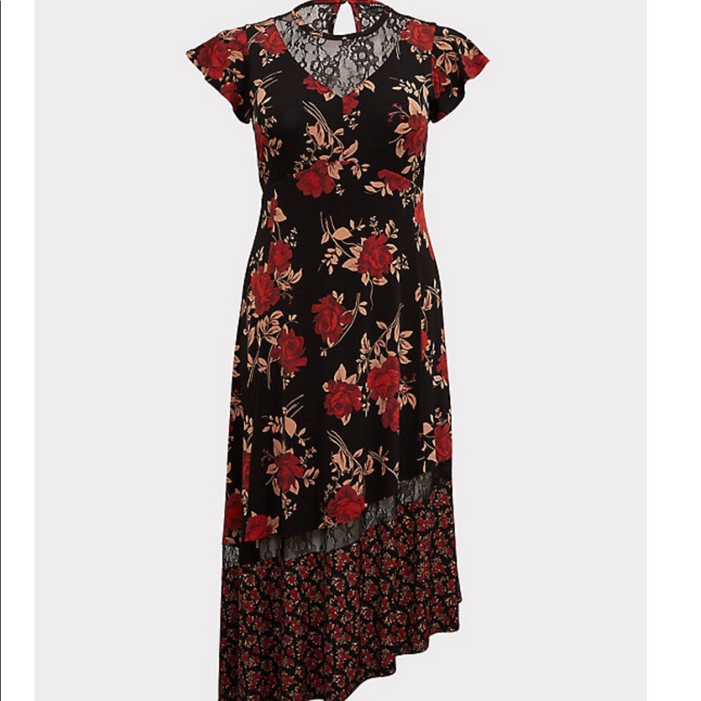 LACE & STUDIO KNIT FLORAL ASYMMETRICAL MIDI DRESS
